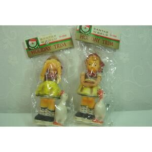 2 VINTAGE SANTA'S WORLD HOLIDAY TRIM HUMMEL TYPE ORNAMENTS-NIP-KURT S. ADLER